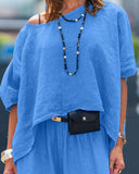 2 Pieces Outfit Asymmetrical One Shoulder Short Sleeve Top and Casual Strechy Waist Wide Leg Linen Pants Set