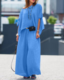 2 Pieces Outfit Asymmetrical One Shoulder Short Sleeve Top and Casual Strechy Waist Wide Leg Linen Pants Set