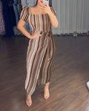 Textured Striped Square Neck Puff Sleeve Wrap Hem Work Dress Tied Detail Cinched Waist Maxi Dress