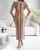 Textured Striped Square Neck Puff Sleeve Wrap Hem Work Dress Tied Detail Cinched Waist Maxi Dress