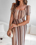 Textured Striped Square Neck Puff Sleeve Wrap Hem Work Dress Tied Detail Cinched Waist Maxi Dress