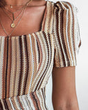 Textured Striped Square Neck Puff Sleeve Wrap Hem Work Dress Tied Detail Cinched Waist Maxi Dress