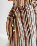 Textured Striped Square Neck Puff Sleeve Wrap Hem Work Dress Tied Detail Cinched Waist Maxi Dress