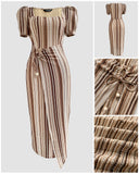 Textured Striped Square Neck Puff Sleeve Wrap Hem Work Dress Tied Detail Cinched Waist Maxi Dress