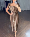 Textured Striped Square Neck Puff Sleeve Wrap Hem Work Dress Tied Detail Cinched Waist Maxi Dress