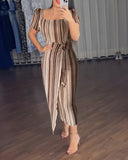 Textured Striped Square Neck Puff Sleeve Wrap Hem Work Dress Tied Detail Cinched Waist Maxi Dress