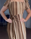 Textured Striped Square Neck Puff Sleeve Wrap Hem Work Dress Tied Detail Cinched Waist Maxi Dress