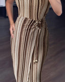 Textured Striped Square Neck Puff Sleeve Wrap Hem Work Dress Tied Detail Cinched Waist Maxi Dress