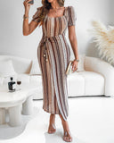 Textured Striped Square Neck Puff Sleeve Wrap Hem Work Dress Tied Detail Cinched Waist Maxi Dress