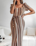 Textured Striped Square Neck Puff Sleeve Wrap Hem Work Dress Tied Detail Cinched Waist Maxi Dress