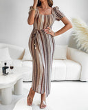 Textured Striped Square Neck Puff Sleeve Wrap Hem Work Dress Tied Detail Cinched Waist Maxi Dress