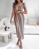 Textured Striped Square Neck Puff Sleeve Wrap Hem Work Dress Tied Detail Cinched Waist Maxi Dress