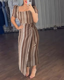 Textured Striped Square Neck Puff Sleeve Wrap Hem Work Dress Tied Detail Cinched Waist Maxi Dress