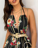 V Neck Halter Tie Back Skirted Hem Romper with Shirred Waistband