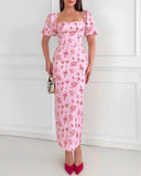 Floral Print Square Neck Bodycon Maxi Dress Elegant Slim Fit Slit Vacation Dress