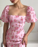Floral Print Square Neck Bodycon Maxi Dress Elegant Slim Fit Slit Vacation Dress