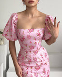 Floral Print Square Neck Bodycon Maxi Dress Elegant Slim Fit Slit Vacation Dress