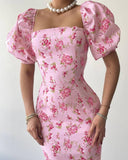 Floral Print Square Neck Bodycon Maxi Dress Elegant Slim Fit Slit Vacation Dress