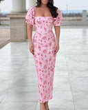 Floral Print Square Neck Bodycon Maxi Dress Elegant Slim Fit Slit Vacation Dress