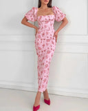 Floral Print Square Neck Bodycon Maxi Dress Elegant Slim Fit Slit Vacation Dress