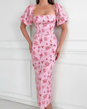 Floral Print Square Neck Bodycon Maxi Dress Elegant Slim Fit Slit Vacation Dress