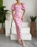 Floral Print Square Neck Bodycon Maxi Dress Elegant Slim Fit Slit Vacation Dress
