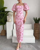 Floral Print Square Neck Bodycon Maxi Dress Elegant Slim Fit Slit Vacation Dress