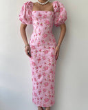 Floral Print Square Neck Bodycon Maxi Dress Elegant Slim Fit Slit Vacation Dress