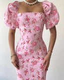 Floral Print Square Neck Bodycon Maxi Dress Elegant Slim Fit Slit Vacation Dress