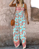 Floral Print Square Neck Thick Strap Shirred Jumpsuit Wide Leg Overalls with Pockets