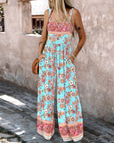 Floral Print Square Neck Thick Strap Shirred Jumpsuit Wide Leg Overalls with Pockets