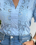 Ruffles Short Puff Sleeve Stand V Neck Blouse Casual Hollow Out Top