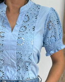 Ruffles Short Puff Sleeve Stand V Neck Blouse Casual Hollow Out Top