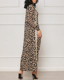 2 Piece Leopard Print Convertible Set Long Cardigan Sleeveless Round Neck Back Slit Bodycon Dress Casual Set