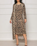 2 Piece Leopard Print Convertible Set Long Cardigan Sleeveless Round Neck Back Slit Bodycon Dress Casual Set