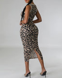 2 Piece Leopard Print Convertible Set Long Cardigan Sleeveless Round Neck Back Slit Bodycon Dress Casual Set