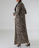 2 Piece Leopard Print Convertible Set Long Cardigan Sleeveless Round Neck Back Slit Bodycon Dress Casual Set