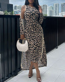 2 Piece Leopard Print Convertible Set Long Cardigan Sleeveless Round Neck Back Slit Bodycon Dress Casual Set