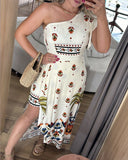 Tribal Print One Shoulder Flutter Sleeve Midi Dress Casual Slim Fit Slit Asymmetrical Hem Vacation Dress