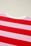 Pink Stripe Patchwork Round Neck Side Split Loose T Shirt