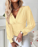 V Neck Hollow out Ruched Lantern Sleeve Tee Casual Top