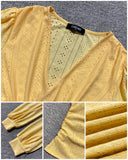 V Neck Eyelet Hollow out Ruched Lantern Sleeve Tee Casual Top