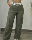 Colorblock Waist Pocket Design Active Pants Casual Straight Leg Cargo Pants