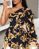 Baroque Print Colorblock One Shoulder Dress