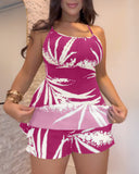 Tropical Print Cold Shoulder Spaghetti Strap Romper Ruched Backless Tied Detail Romper