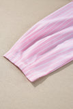 Pink Stripe Bowknot Front Crew Neck Puff Sleeve Blouse