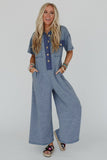 Beau Blue Half Placket Chest Pockets Short Sleeve Wide Leg Jumpsuit