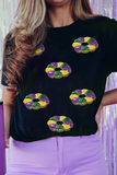 Black Sequined Mardi Gras Pattern Crew Neck Short Sleeve Top