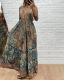 Tribal Print V Neck Spaghetti Strap Maxi Dress Casual Backless Flowy A Line Dress