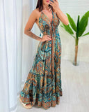 Tribal Print V Neck Spaghetti Strap Maxi Dress Casual Backless Flowy A Line Dress